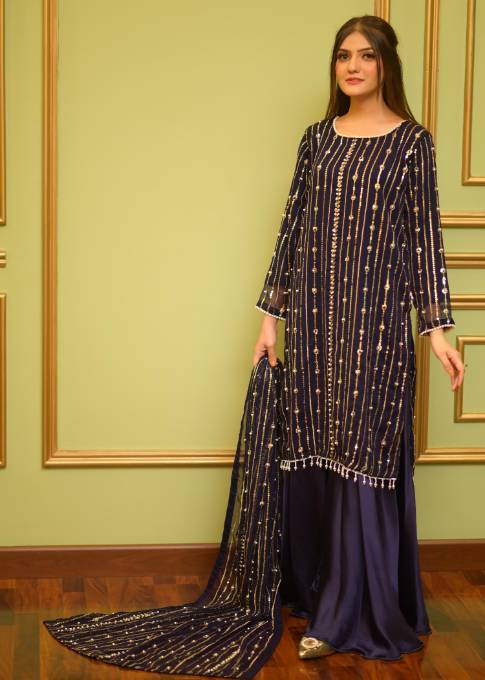 Hania Amir Pure Chiffon Perl Embroidery -BLACK
