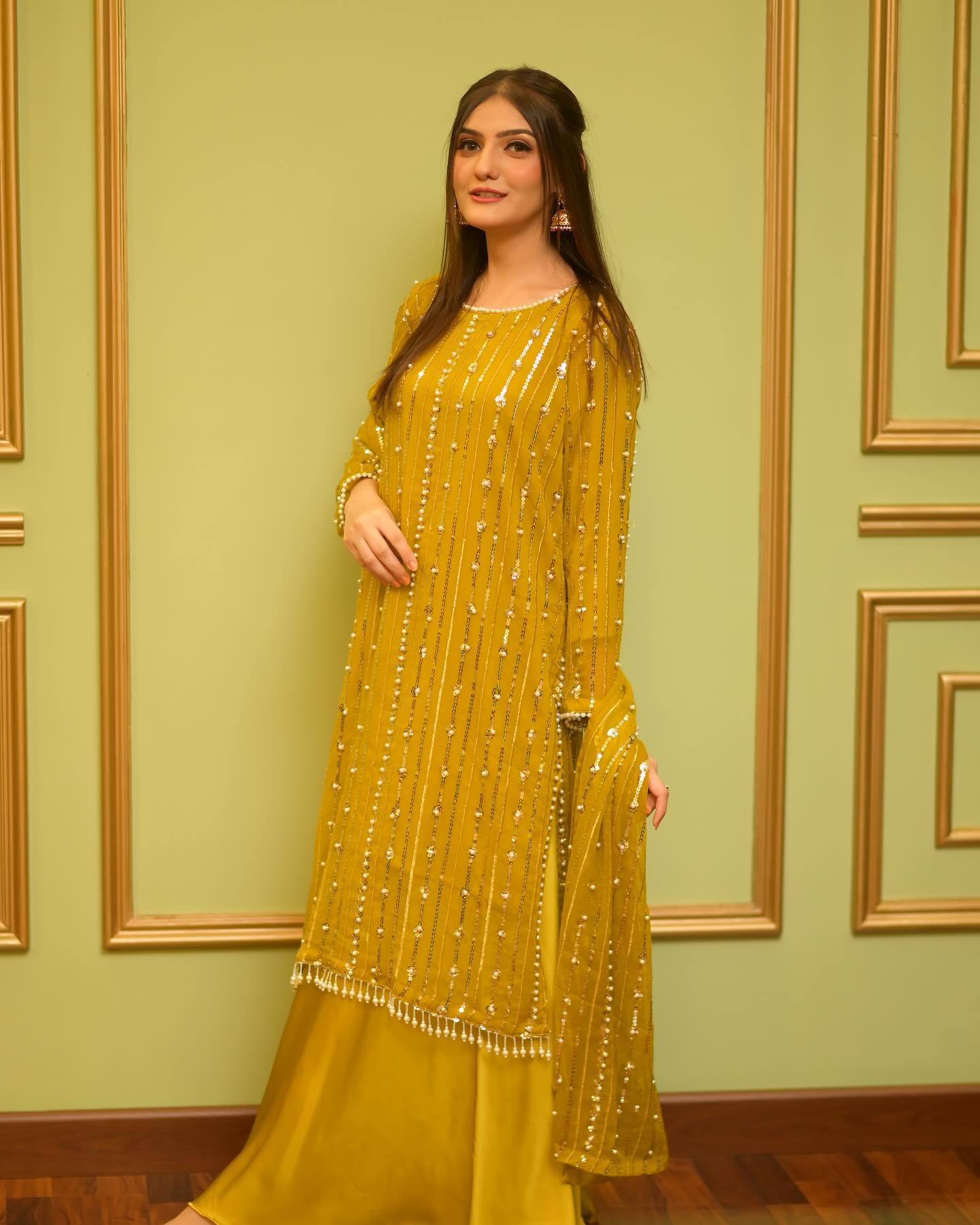 Hania Amir Pure Chiffon Perl Embroidery -YELLOW