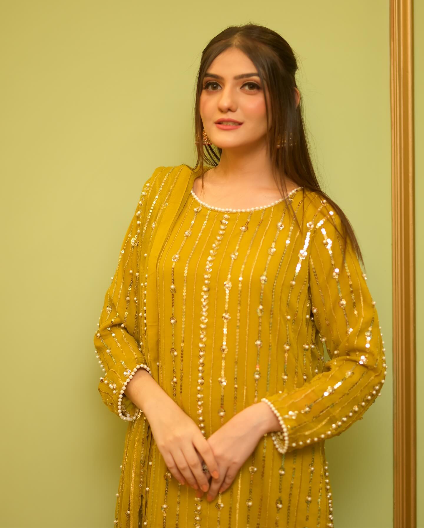 Hania Amir Pure Chiffon Perl Embroidery -YELLOW