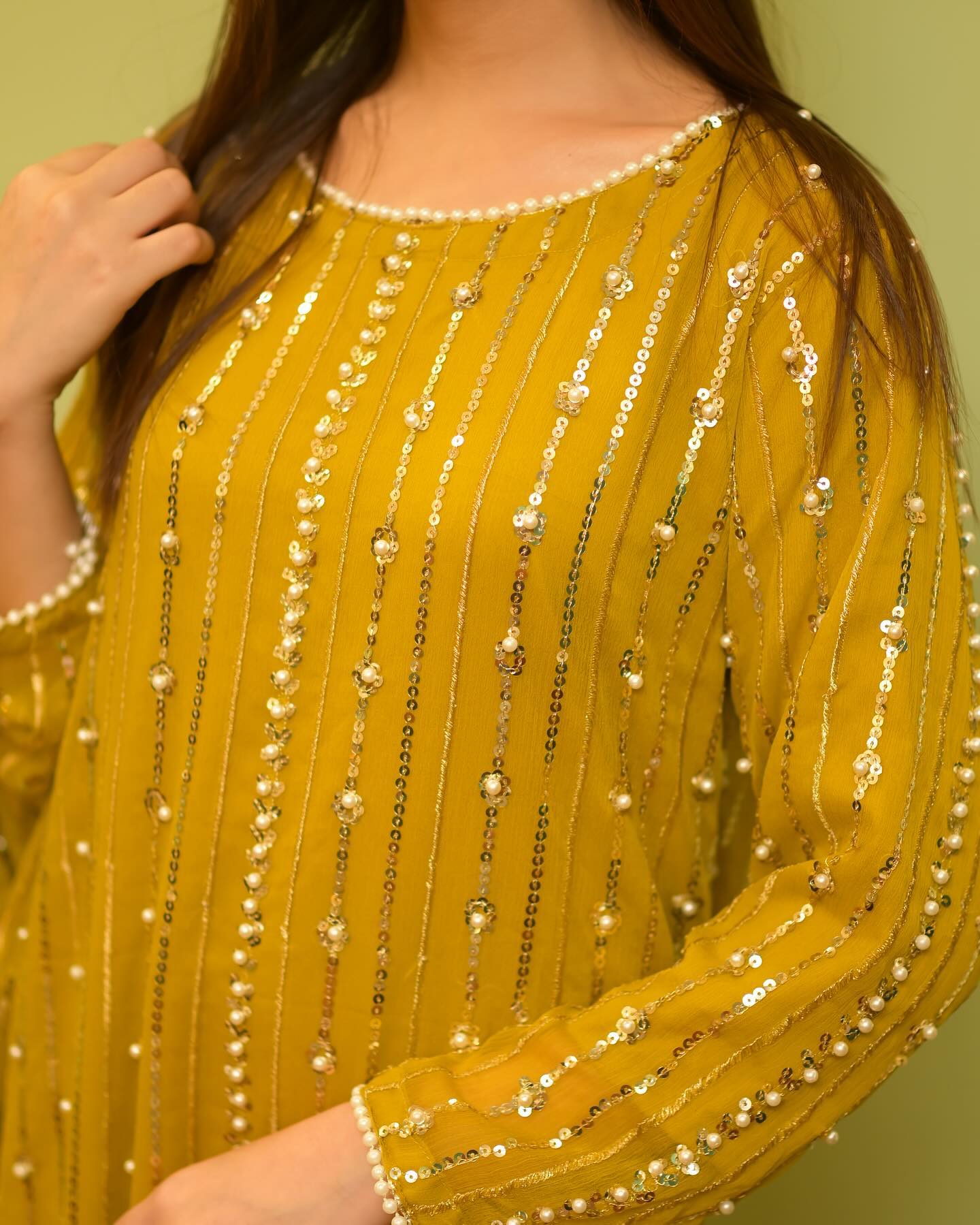 Hania Amir Pure Chiffon Perl Embroidery -YELLOW
