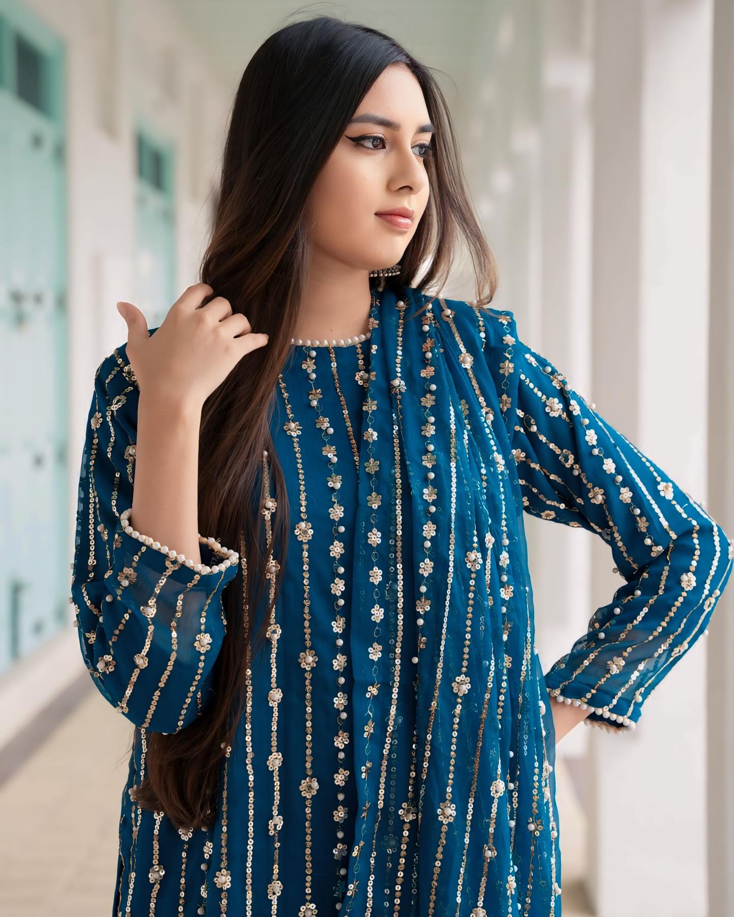 Hania Amir Pure Chiffon Perl Embroidery -DARK ZINK