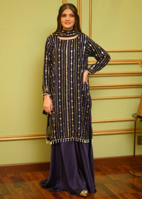 Hania Amir Pure Chiffon Perl Embroidery -BLACK